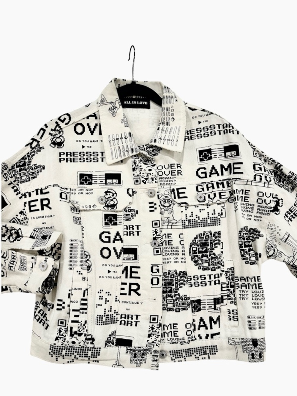 All In Love Graphic Game Over Button-Front jean Jacket - Black & White one size